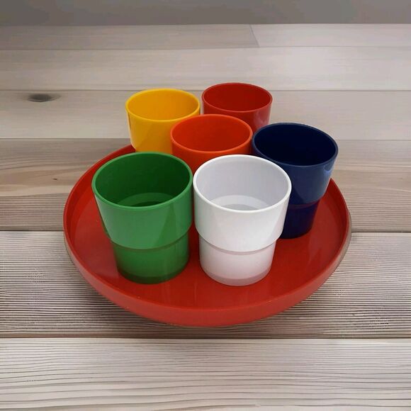 Vtg Ingrid  Red Tray And Cups MCM Retro - Picture 1 of 4